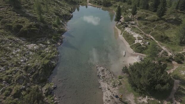 Aerial view of Lago Limides in the Dolomites Italy.