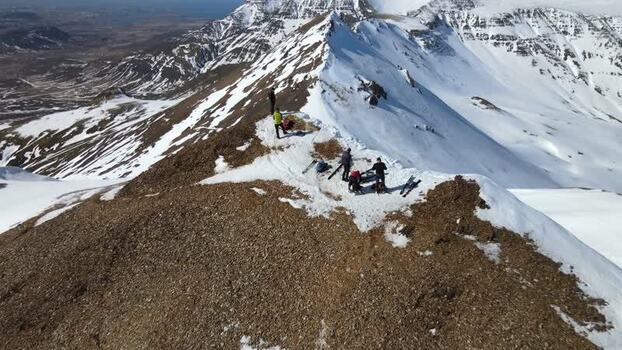 Aerial view of hikers on the Moskardshnjukar Trail ridge Iceland. Aerial view of hikers on the Moskardshnjukar Trail ridge Iceland.