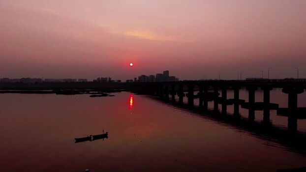 Aerial view of the Tapi River at sunset in Surat India.