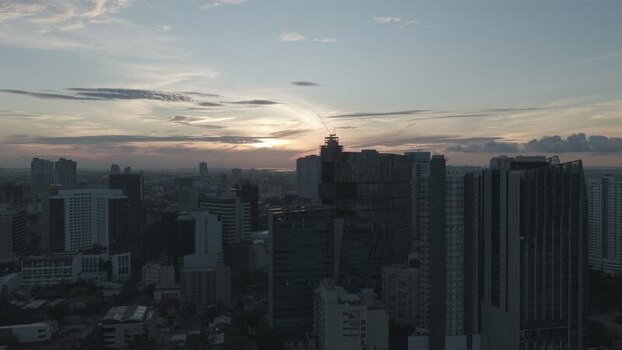 Aerial view of the city skyline at sunset in Cebu City Philippines.