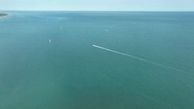 Aerial view of boats sailing at sea Berni&egrave;res sur Mer Normandy France.