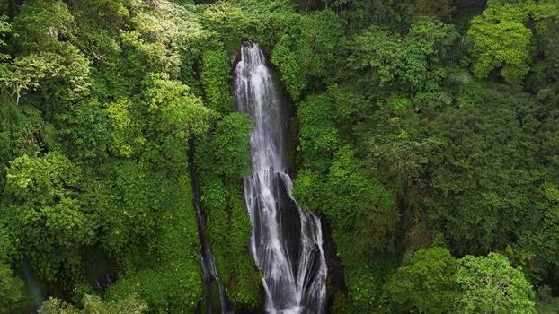 Aerial view of a waterfall in a lush tropical forest Indonesia.