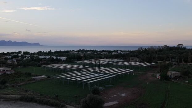 Aerial view of solar panels in Terrasini Italy.