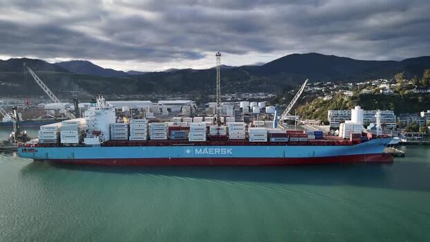 Aerial view of a Maersk container ship at Port Nelson New Zealand. Aerial view of a Maersk container ship at Port Nelson New Zealand.
