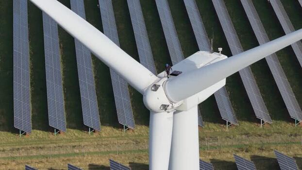 Aerial view of wind turbine at Chelveston Renewable Energy United Kingdom. Aerial view of wind turbine at Chelveston Renewable Energy United Kingdom.