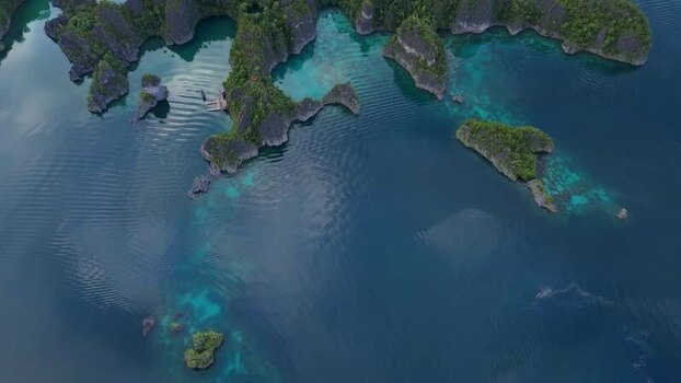 Aerial view of Piaynemo karst islands in Indonesia.