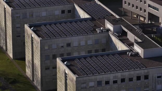 Aerial view of buildings with solar panels Portugal.