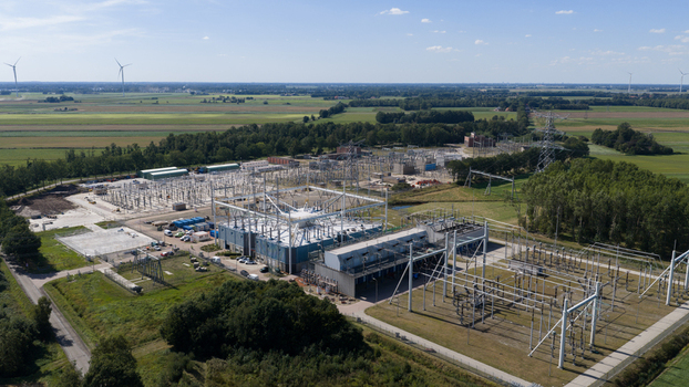 Meeden Netherlands 25 August 2026 Aerial view of the Hoogspanningsstation Meeden high voltage substation featuring electrical infrastructure and power lines in the rural Groningen landscape. Meeden Netherlands 25 August 2026 Aerial view of the Hoogspanningsstation Meeden high voltage substation featuring electrical infrastructure and power lines in the rural Groningen landscape.