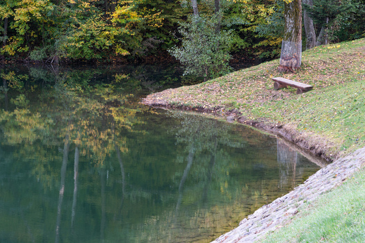 View of the shore of Velka Richnava lake with a wooden bench on a grassy bank surrounded by autumn trees in Stiavnicke Bane Banska Bystrica Region Slovakia.