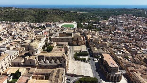 Aerial view of Noto Cathedral and baroque architecture Italy. Aerial view of Noto Cathedral and baroque architecture Italy.