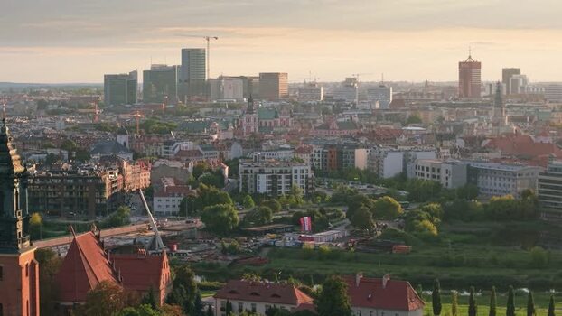 Aerial view of Poznan skyline at sunset Poland.