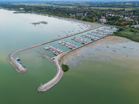 Aerial view of Balatonfenyves marina on Lake Balaton at dusk in summer Aerial view of Balatonfenyves marina on Lake Balaton at dusk in summer