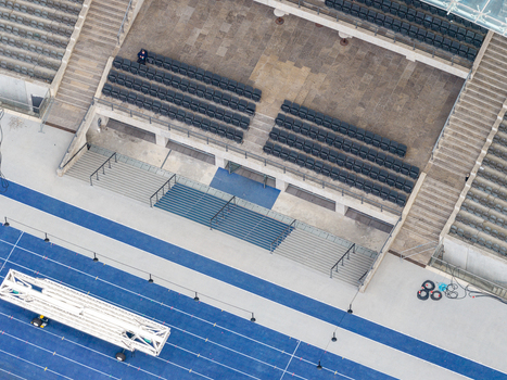 Berlin Germany 26 September 2026 Aerial view of the Olympiastadion Berlin showing the stadium seating stairs and the blue running track.