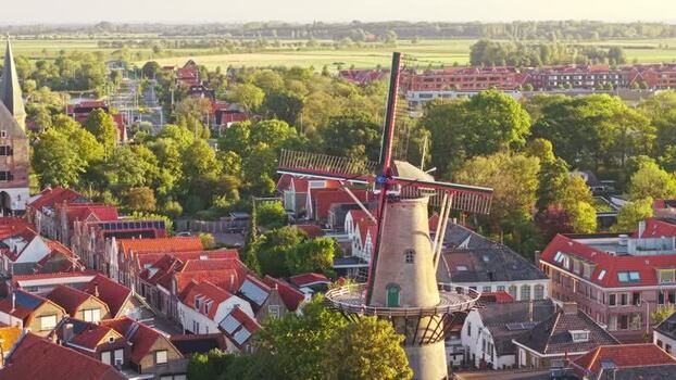 Aerial view of a historic windmill in Zierikzee Netherlands.