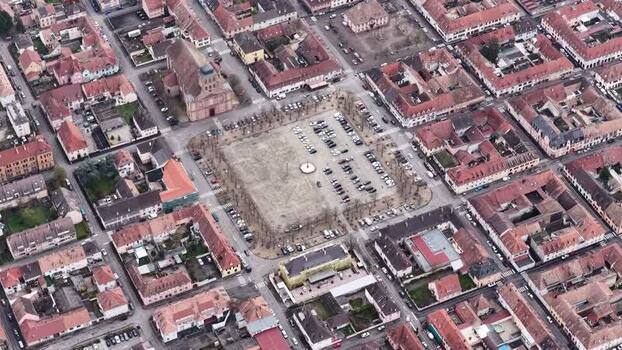 Aerial view of a church and parking lot France.