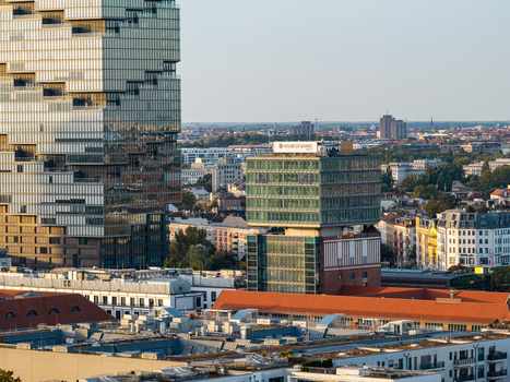 Aerial view of the EDGE East Side Tower and surrounding urban architecture in Berlin Berlin Germany. Aerial view of the EDGE East Side Tower and surrounding urban architecture in Berlin Berlin Germany.