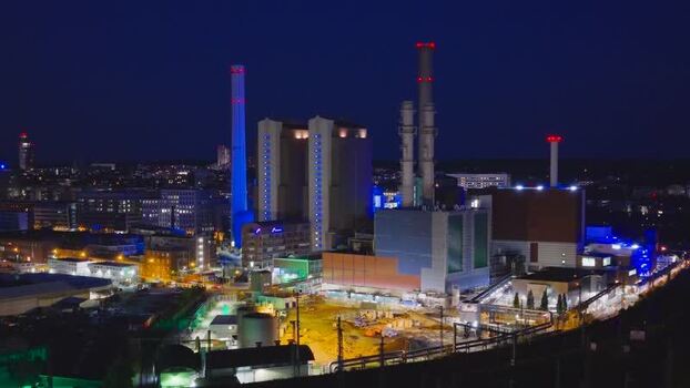 Aerial view of an industrial power plant at night Germany.
