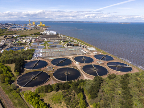 Edinburgh United Kingdom 06 May 2026 Aerial view of the Seafield Wastewater Treatment Works on Seafield Road with circular settlement tanks along the Firth of Forth coast. Edinburgh United Kingdom 06 May 2026 Aerial view of the Seafield Wastewater Treatment Works on Seafield Road with circular settlement tanks along the Firth of Forth coast.