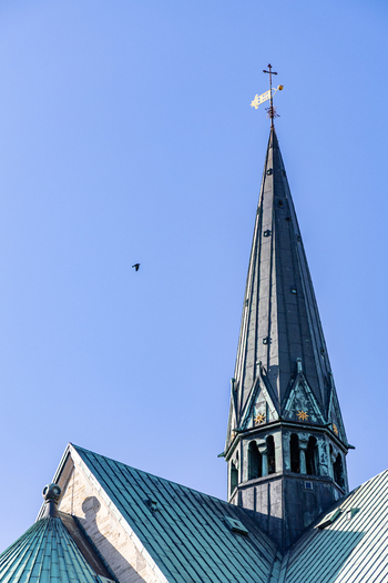 View of historic Ribe Cathedral spire featuring a golden weather vane and oxidized green copper roof against a clear blue sky with a small bird Ribe Denmark. View of historic Ribe Cathedral spire featuring a golden weather vane and oxidized green copper roof against a clear blue sky with a small bird Ribe Denmark.