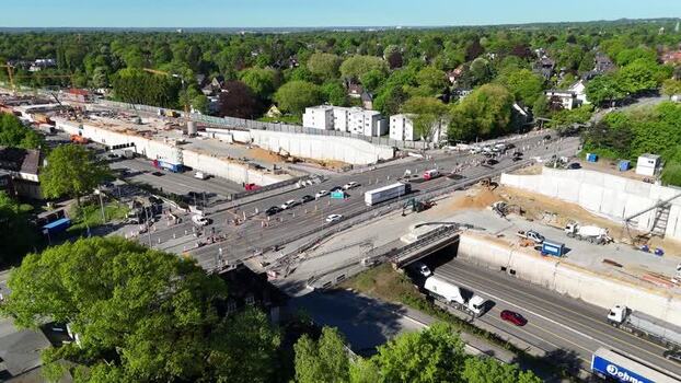 Aerial view of Bahrenfeld construction site and A7 motorway Germany.
