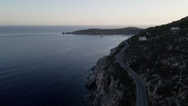 Aerial View of Lacona bay at sunset Elba Island Tuscany Italy.
