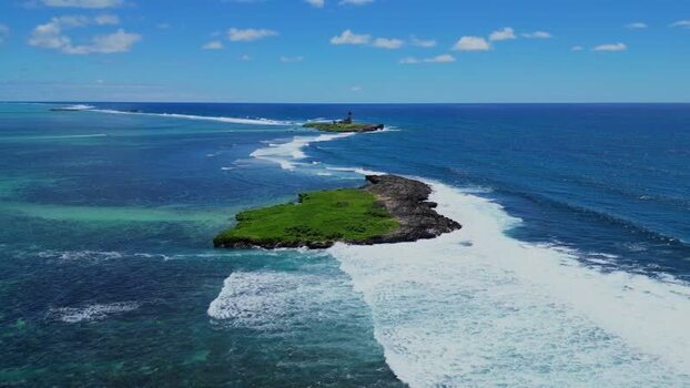 Aerial view of Ile aux Cerfs and turquoise waters Mauritius.