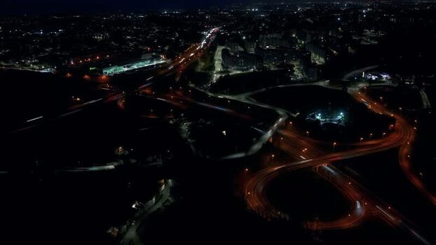 Aerial view of illuminated highways Porto Portugal.