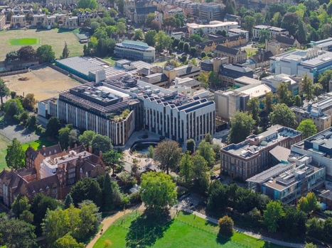 Aerial view of the Big Data Institute at the Old Road Campus surrounded by lush green spaces and academic buildings in Oxford England United Kingdom. Aerial view of the Big Data Institute at the Old Road Campus surrounded by lush green spaces and academic buildings in Oxford England United Kingdom.