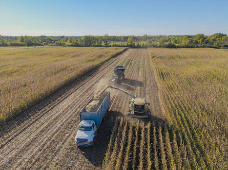 Green Bay United States 25 September 2026 Aerial view of a combine harvester chopping corn into a trailer pulled by a truck in a large agricultural field.