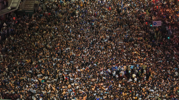 Buenos Aires CABA Argentina 15 July 2026 Aerial view of a massive crowd of soccer fans celebrating at the Cabildo and Juramento intersection in Belgrano at night. Buenos Aires CABA Argentina 15 July 2026 Aerial view of a massive crowd of soccer fans celebrating at the Cabildo and Juramento intersection in Belgrano at night.