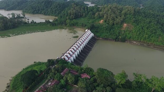 Aerial view of Kaptai Dam and reservoir Bangladesh.