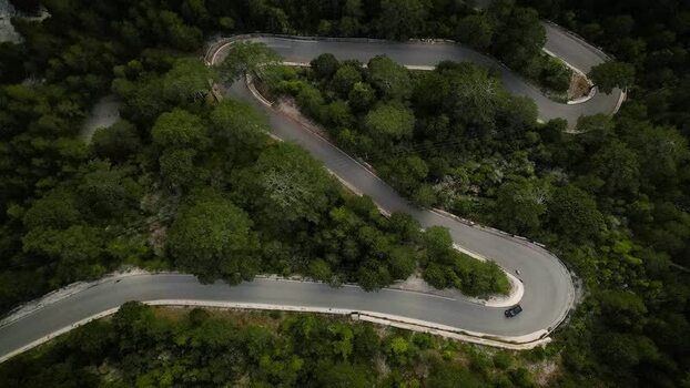 Aerial view of Llogara National Park winding road Albania. Aerial view of Llogara National Park winding road Albania.
