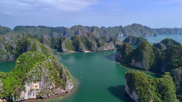 Aerial view of Lan Ha Bay limestone karsts and emerald water Vietnam.