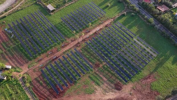 Aerial view of a solar farm in Terrasini Italy.