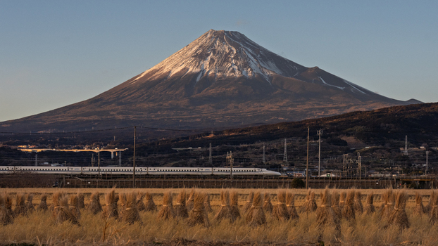 View of Mount Fuji with snow capped peak rising above a passing Shinkansen bullet train and traditional straw bundles in the rural fields of Fujinomiya Shizuoka Japan. View of Mount Fuji with snow capped peak rising above a passing Shinkansen bullet train and traditional straw bundles in the rural fields of Fujinomiya Shizuoka Japan.