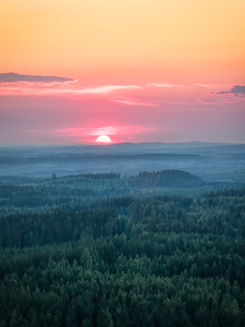 Aerial view of the Laaminki forest landscape during a vibrant sunset with dense coniferous trees and rolling hills in Kangasniemi Etela Savo Finland. Aerial view of the Laaminki forest landscape during a vibrant sunset with dense coniferous trees and rolling hills in Kangasniemi Etela Savo Finland.
