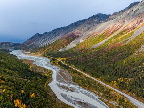 Aerial view of Rainbow Ridge with a braided river winding through a valley vibrant autumn foliage and a road in Southeast Fairbanks Census Area Alaska United States. Aerial view of Rainbow Ridge with a braided river winding through a valley vibrant autumn foliage and a road in Southeast Fairbanks Census Area Alaska United States.