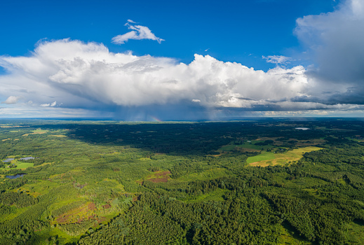 Aerial view of a vast green forest landscape under a dramatic sky with a large storm cloud and a faint rainbow on the horizon Latvia. Aerial view of a vast green forest landscape under a dramatic sky with a large storm cloud and a faint rainbow on the horizon Latvia.
