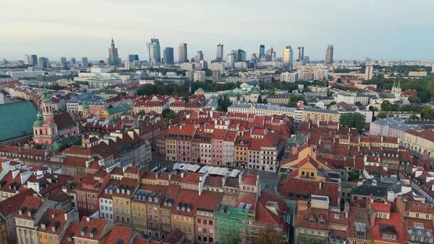 Aerial view of Warsaw Old Town and modern skyline Poland.
