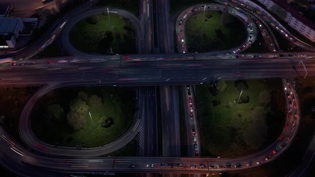 Aerial view of highway interchange at night Portugal.