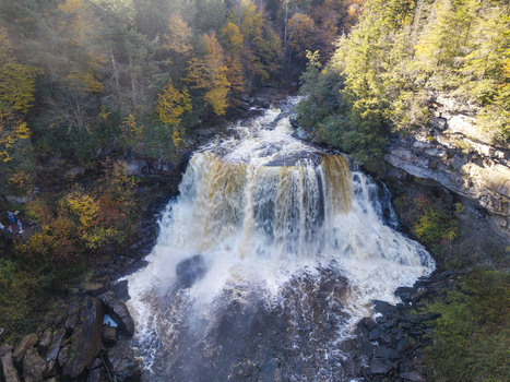 Aerial view of Blackwater Falls surrounded by vibrant autumn foliage and rocky cliffs in Blackwater Falls State Park in Davis West Virginia United States.