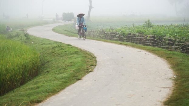 View of a person cycling on a rural road in Bogura Bangladesh. View of a person cycling on a rural road in Bogura Bangladesh.