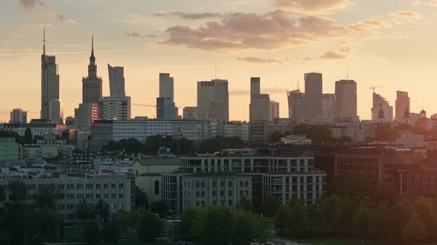 Aerial view of Warsaw skyline at sunset Poland.