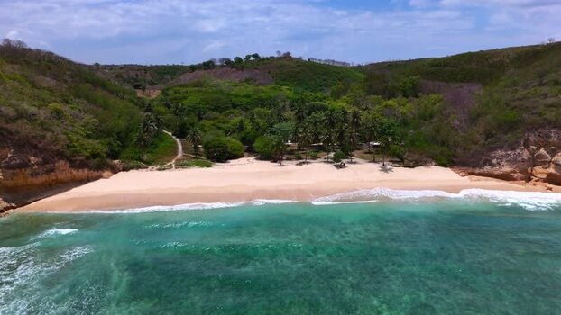 Aerial view of Pink Beach and turquoise water Indonesia. Aerial view of Pink Beach and turquoise water Indonesia.