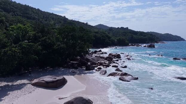 Aerial view of Anse Lazio in Baie Sainte Anne Seychelles.