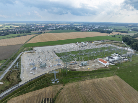 Aerial view of Umspannwerk Ottenhofen electrical substation surrounded by agricultural fields and rural landscape in Ottenhofen Bayern Germany.