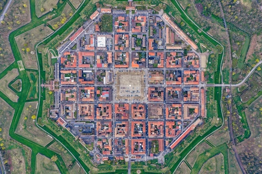 Aerial view of the octagonal fortress city an architectural masterpiece with its symmetrical layout and star shaped fortifications Neuf Brisach Grand Est France.