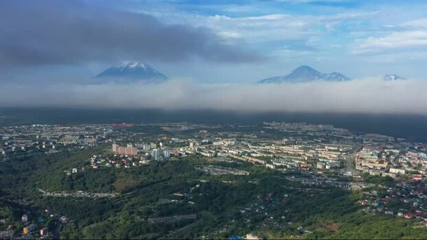 Aerial view of Petropavlovsk Kamchatskiy and volcanoes Russia.