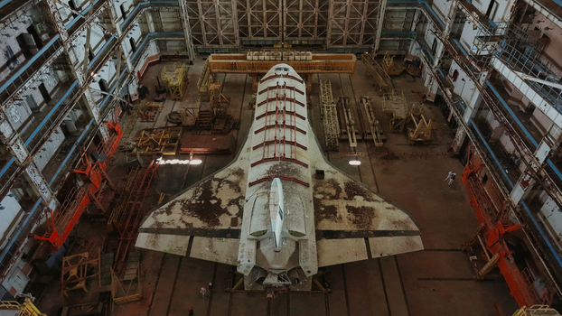 Aerial view of the abandoned Buran space shuttle inside a large industrial hangar at the Baikonur Cosmodrome in Karmakshy District Kyzylorda Region Kazakhstan.