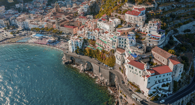 Aerial view of Amalfi a beautiful and touristic town along the Amalfi coastline Salerno Campania italy.
